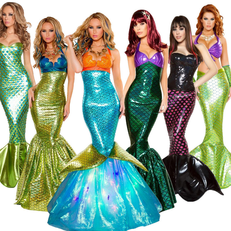 Halloween Costume Adult Mermaid Princess Dress Sequin Cosplay Costume Sexy Chest-Wrapped Performance Evening Dress