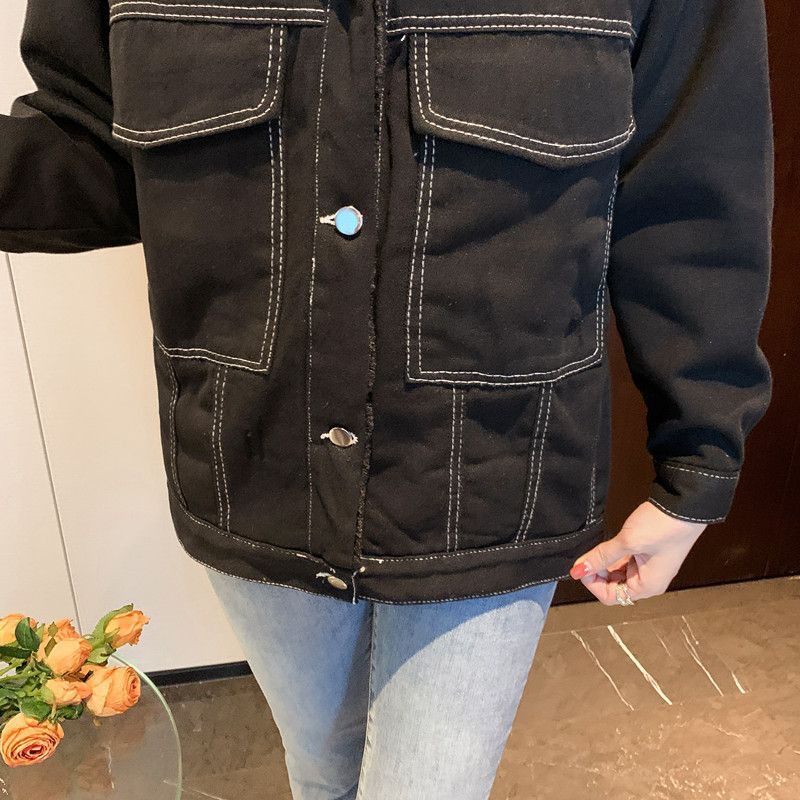 630g Weight Long Sleeve Sleeve Length Single Breasted Placket Type Regular Sleeve Sleeve Type Polyester Fabric Type Ordinary Model (50cm <Length ≤ 65cm) Top Length Coat Tops Type Shirt Collar Neckline Loose Fit Type Solid Color Pattern Women's Gender Temperament Commuter, Urban Style Style Lamb Fur Lined Thickened Denim Jacket Women's Autumn Winter Loose Versatile Short Style Fleece Inner Cotton Coat For Students 16