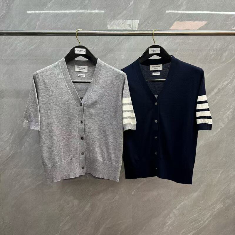 Factory Direct Sales Tb Women's Back Gingerbread Man V Neck Short-Sleeved Cardigan Fresh and Sweet Preppy Style Short-Sleeved Knitwear