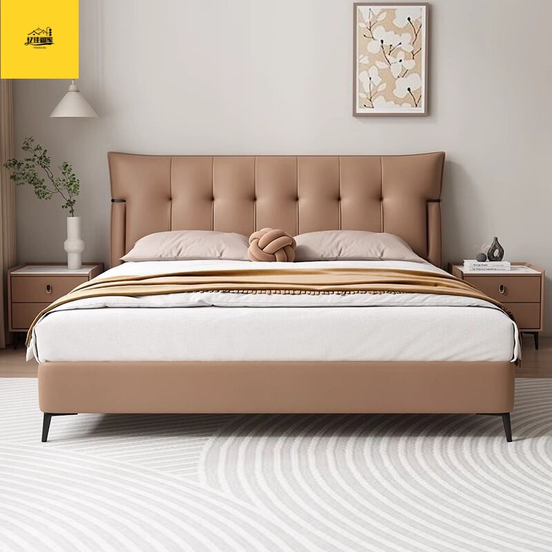 Minimalist Genuine Leather Bed, Modern Simple Master Bedroom Double Bed, Waffle-Style Italian Light Luxury Soft-Cover Large-Size Wedding Bed Minimalist Genuine Leather Bed, Modern Simple Master Bedroom Double Bed, Waffle-Style Italian Light Luxury Soft-Cover Large-Size Wedding Bed