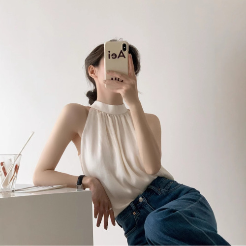 Sleepy Rabbit Neck Gown Sleeveless Backless Bralette for Women Summer French Style Elegant Bodycon Sexy Gentle Short Sleeveless Shoulder Straps Top