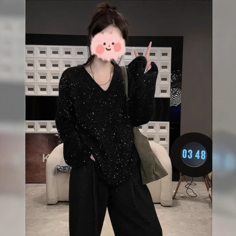 [Camiseta de fiesta] Suéter de manga larga con lentejuelas con cuello en v de otoño e invierno, top suelto de moda para mujer