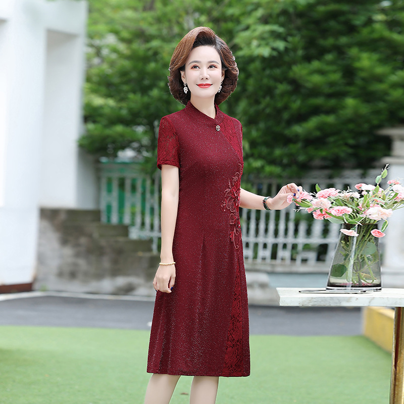 婚庆妈妈穿的服装短袖旗袍连衣裙中老年女装洋气喜婆婆高档婚礼服