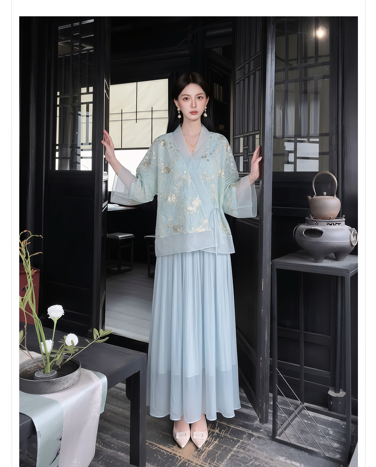 Bộ áo khoác ngoài và đầm dây phong cách Tân Trung Hoa thêu hoa sequin nặng — bộ đồ, đầm dây, áo khoác chi tiết 8