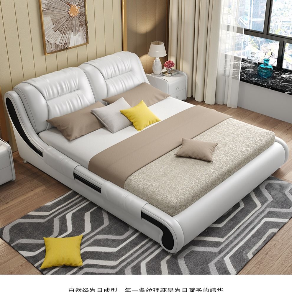Leather bed Master Bedroom Northern Europe modern Simplicity solid wood Double bed Leather bed Tatami European style white Storage Software bed
