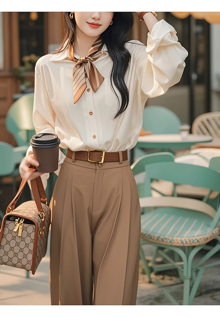 GraceChic 2025 Spring And Autumn Korean Version Ins Simple Apricot Long Sleeve Shirt Wide Leg Two-Piece Women's Professional Suit_voghion.com