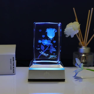 定制创意内雕玫瑰花水晶方体摆件七夕情人节礼品亚马逊热销工艺品