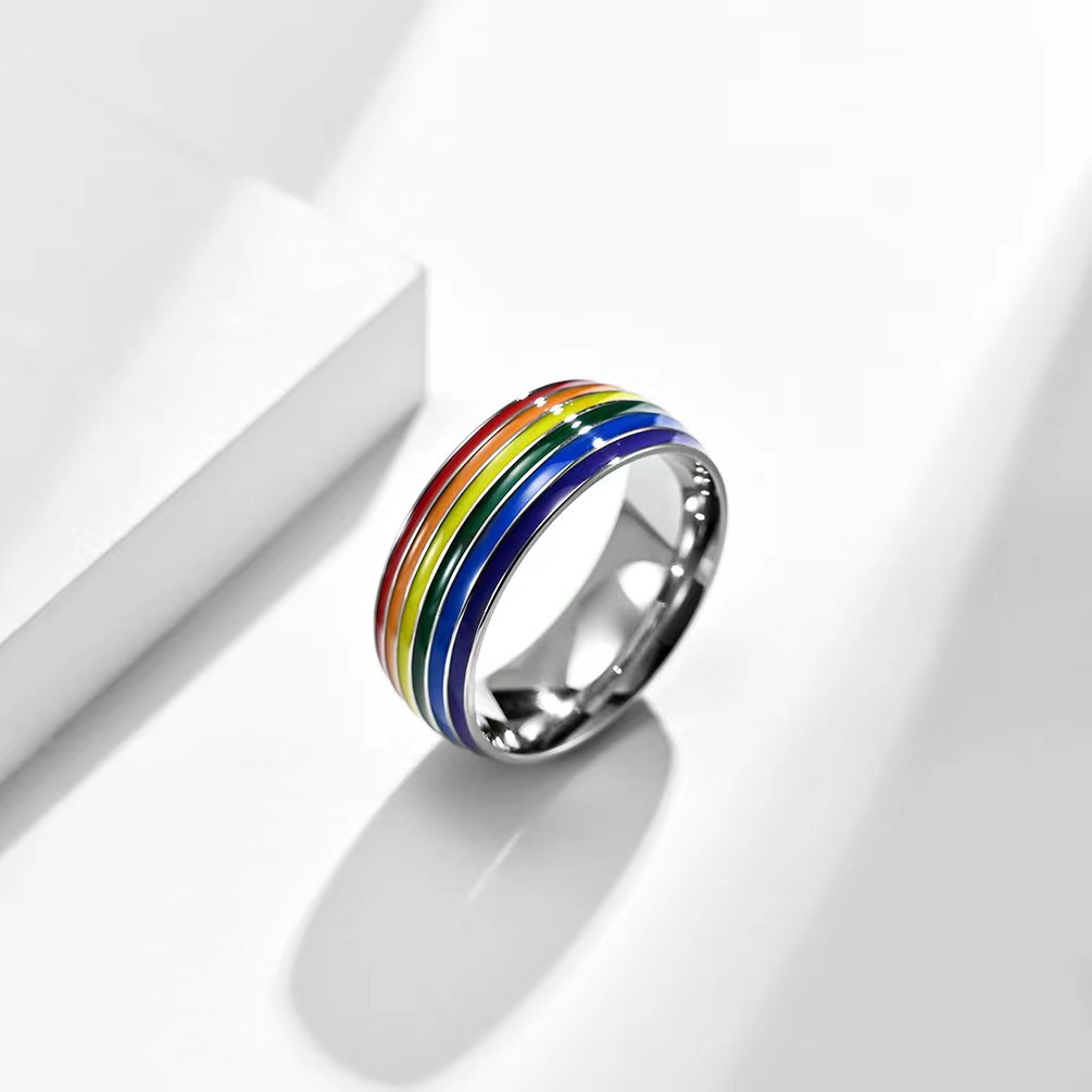 Street Occasion Titanium Steel Material Cartoon Style Rainbow Titanium Steel Enamel Rings