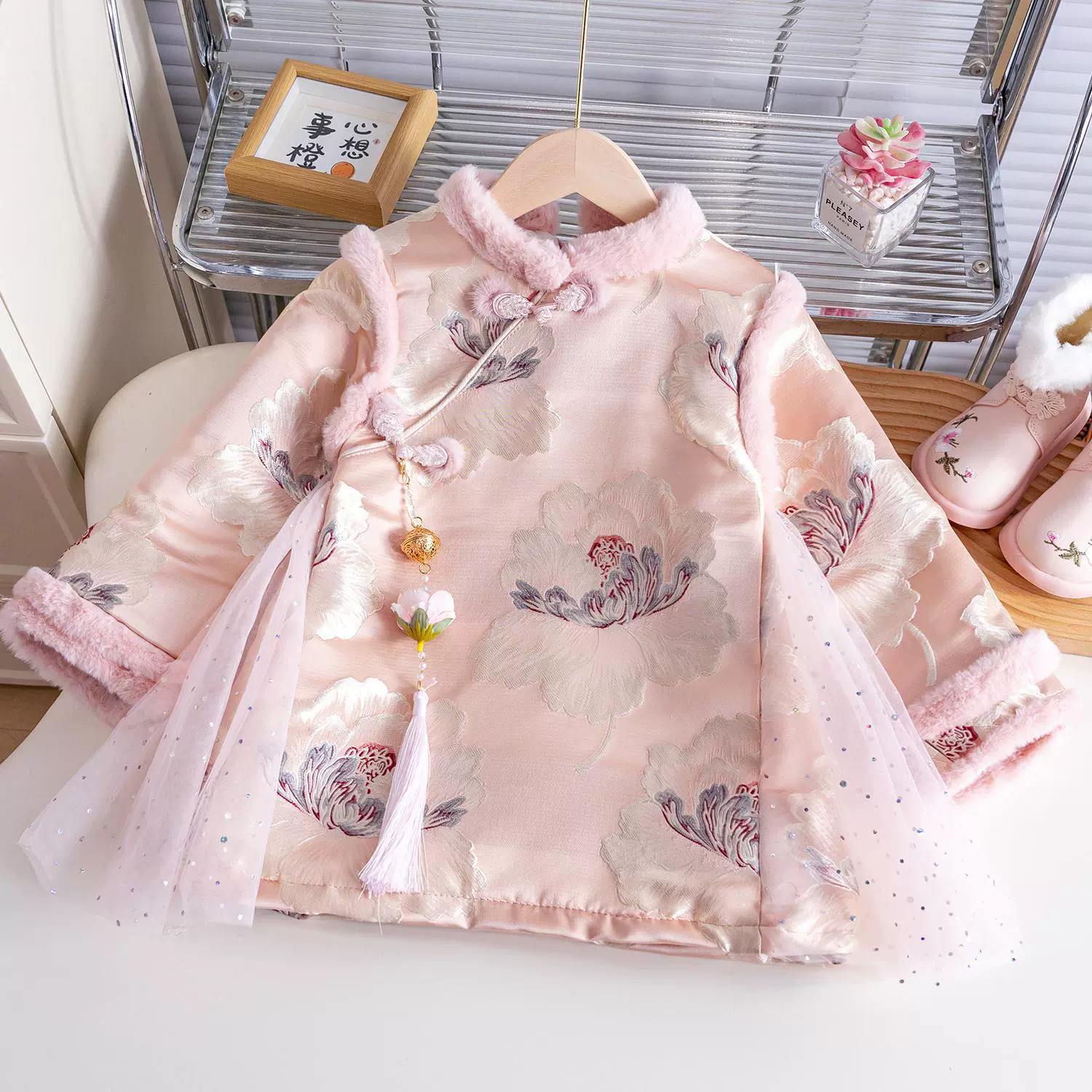 女童冬季加绒旗袍裙儿童中国风拜年服女宝宝周岁礼服加厚保暖汉服