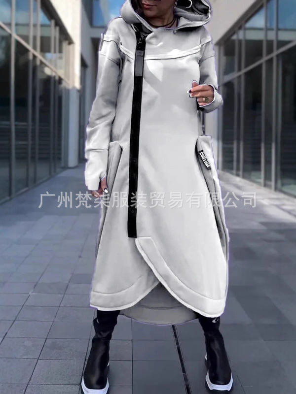 2025秋冬欧美跨境亚马逊百搭纯色长袖卫衣连帽拉链休闲长款连衣裙|undefined