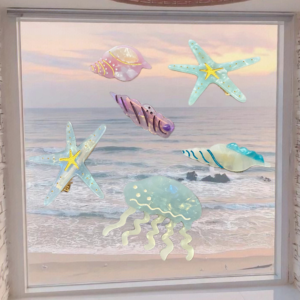新款海洋系列醋酸鸭夹水母发夹海螺侧边夹卡通碎发夹可爱海星发饰