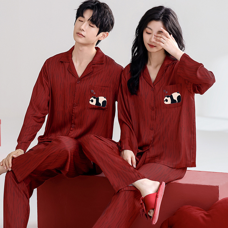 Ice Silk Couple Pajamas Long-Sleeved Pants Spring & Fall Silk Cardigan Men's and Women's Home Clothes Red Festive Wedding Ice Silk Couple Pajamas Long-Sleeved Pants Spring & Fall Silk Cardigan Men's and Women's Home Clothes Red Festive Wedding