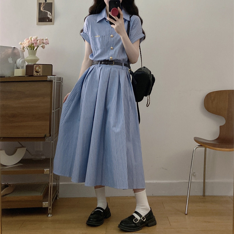 【M-5Xl】Large Size French-Style Blue Striped Shirt Dress, Summer Slimming Artistic Waist-Cinching Long Dress