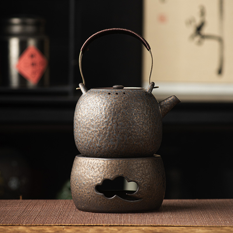 黒陶日本式大容量提梁急須家庭用耐高温濾過単壺温茶ろうそく台座加熱茶器|undefined