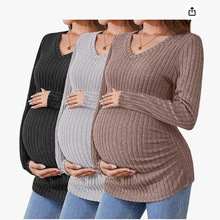 2024外贸女式孕妇衬衫罗纹长袖孕妇上衣 V 领针织侧褶孕妇衣服毛