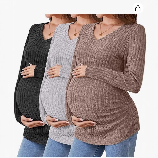2024外贸女式孕妇衬衫罗纹长袖孕妇上衣 V 领针织侧褶孕妇衣服毛