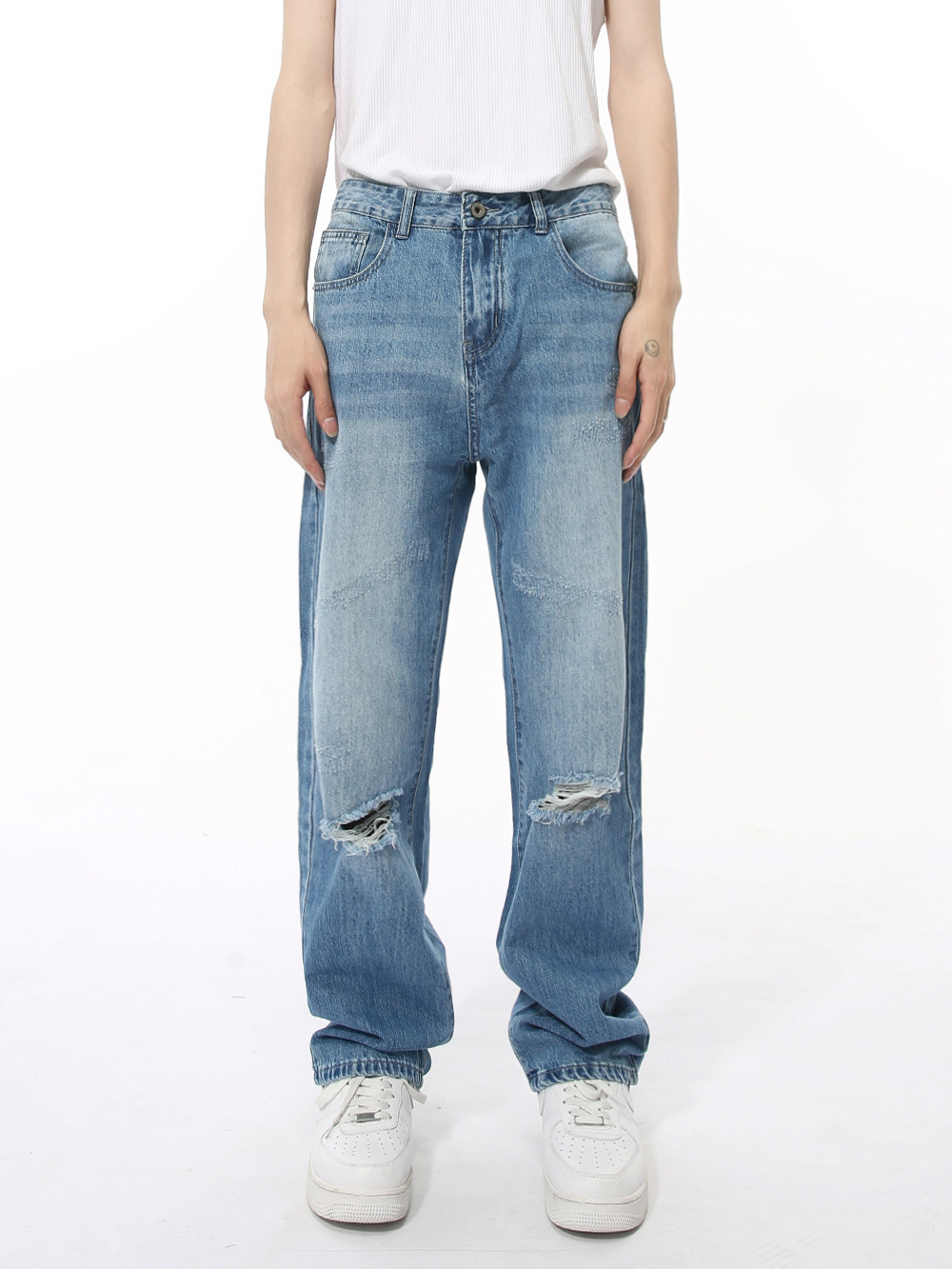 MTLCLOTHES Hombres| Otoño coreano ins básico simple agujero diseño retro jeans recto