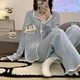 Small Lapel Pit Strip Summer Day Pajamas Women's Thin Long Sleeve Trousers Cardigan Sweet Cute Cartoon Home Clothes suit
