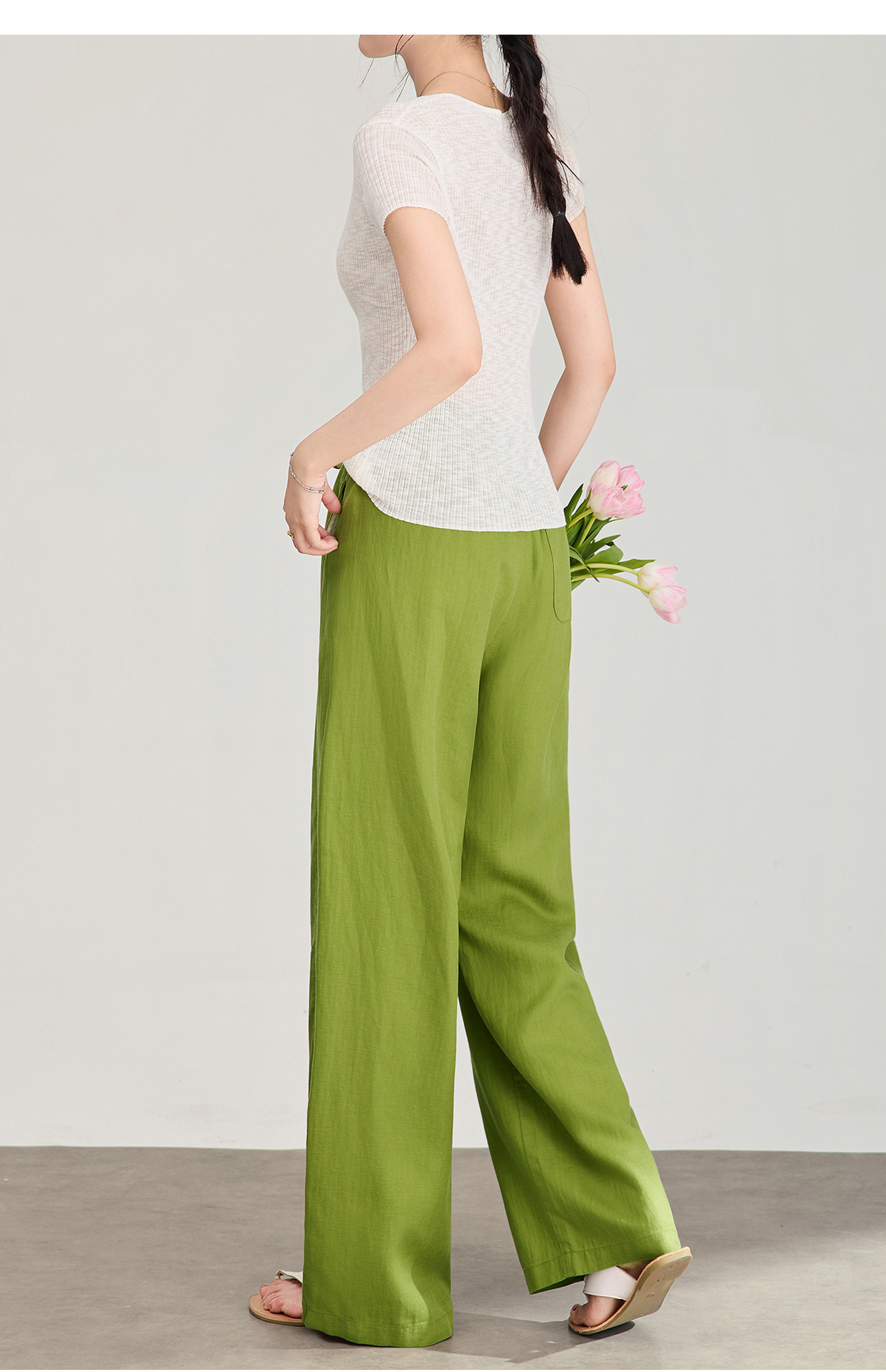 Quần culottes nữ ống rộng chất liệu linen phối lụa, cạp chun rút dây, dáng suông mềm mại — màu xanh táo chi tiết 16