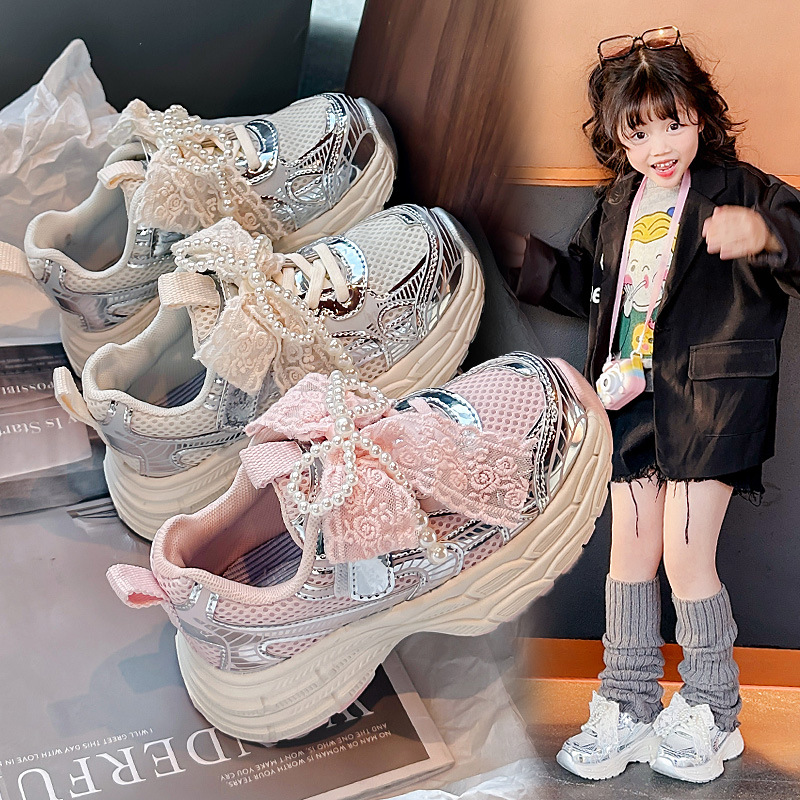 Baby Girl Cute Sports Shoes 2025 Spring Summer New Mesh Pearl National Style Bowknot Dad Shoes Running Shoes
