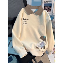 POLO领翻领卫衣女2025新款秋季印花字母撞色长袖百搭宽松时尚上衣