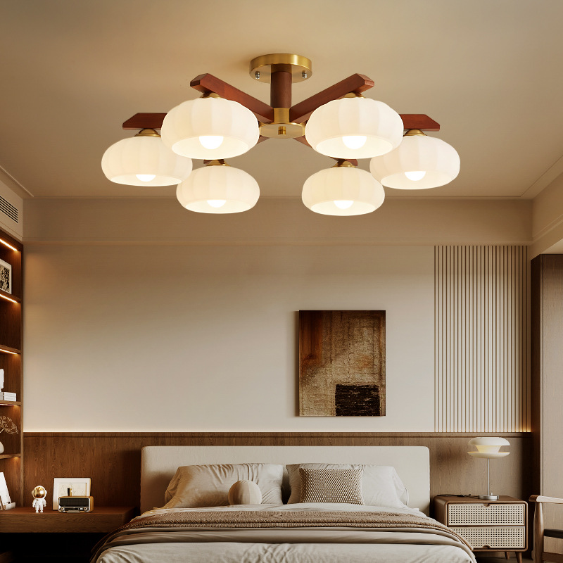 Lámpara de sala de estar de estilo medio, luz principal, nogal negro retro, madera maciza, nuevo dormitorio atmosférico chino, sala de comedor, lámpara de techo