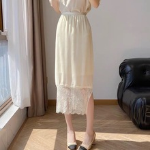 女人味真丝丝绒侧开叉半身裙夏松紧腰拼接蕾丝蚕丝丝绒直筒一步裙