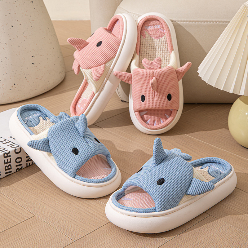 Linen Slippers for Women, Cartoon Shark Design, Suitable for All Seasons, Practical Cotton, Spring, Thick-Soled, Fashionable, Wholesale, Comfortable, Cute and Fun