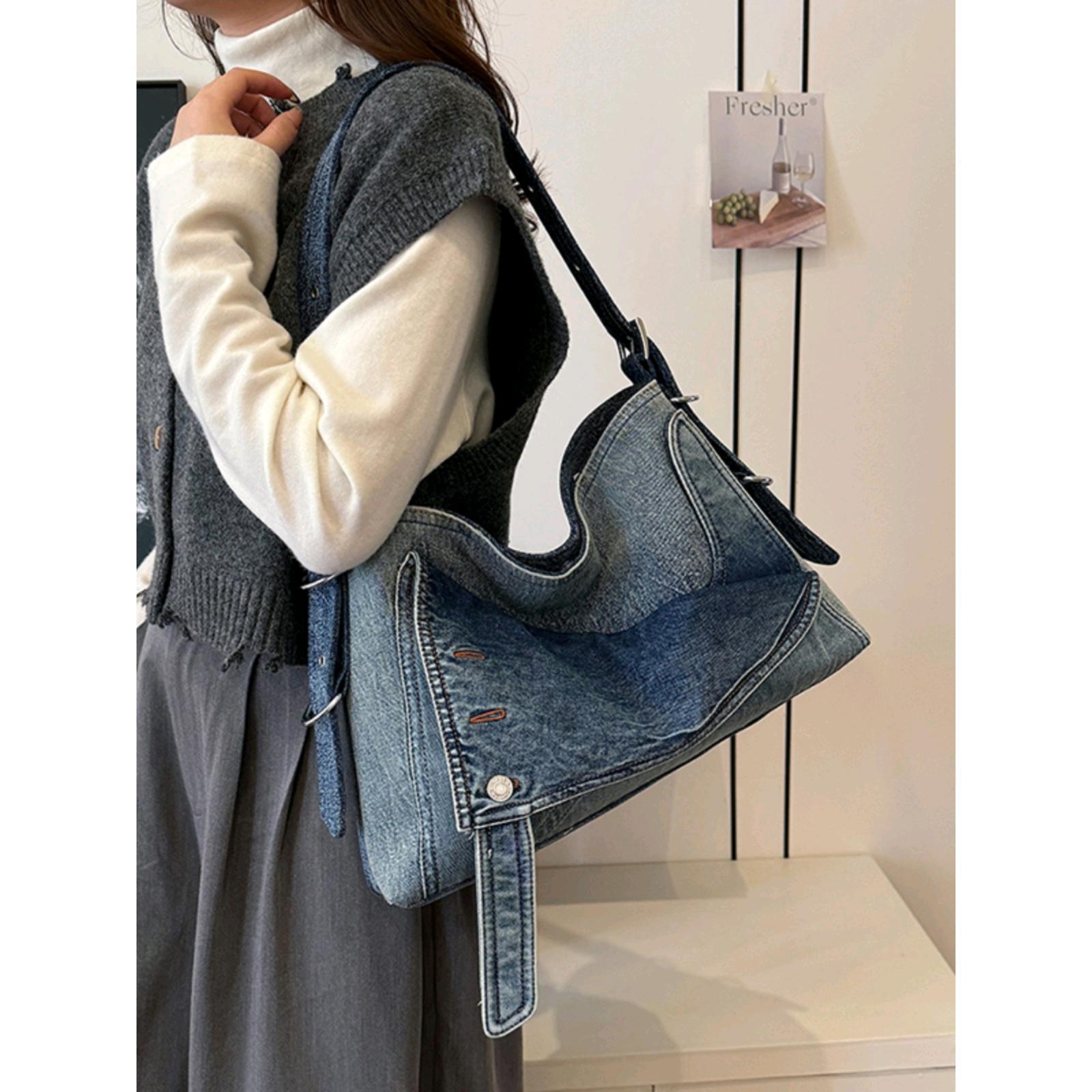 Bolso de gran capacidad de mezclilla retro de moda para mujer 2024 otoño e invierno nuevo estilo mensajero de cercanías bolso grande de hombro bolso Tote
