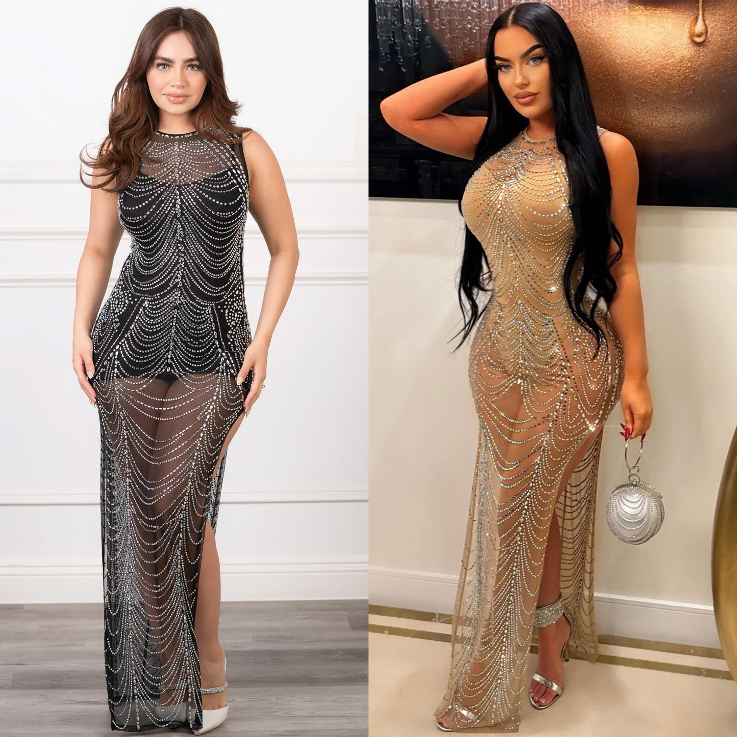 C6733 transfronteriza AliExpress Amazon moda europea y americana de las mujeres de color sólido malla rhinestone vestido sin mangas vestido image 3
