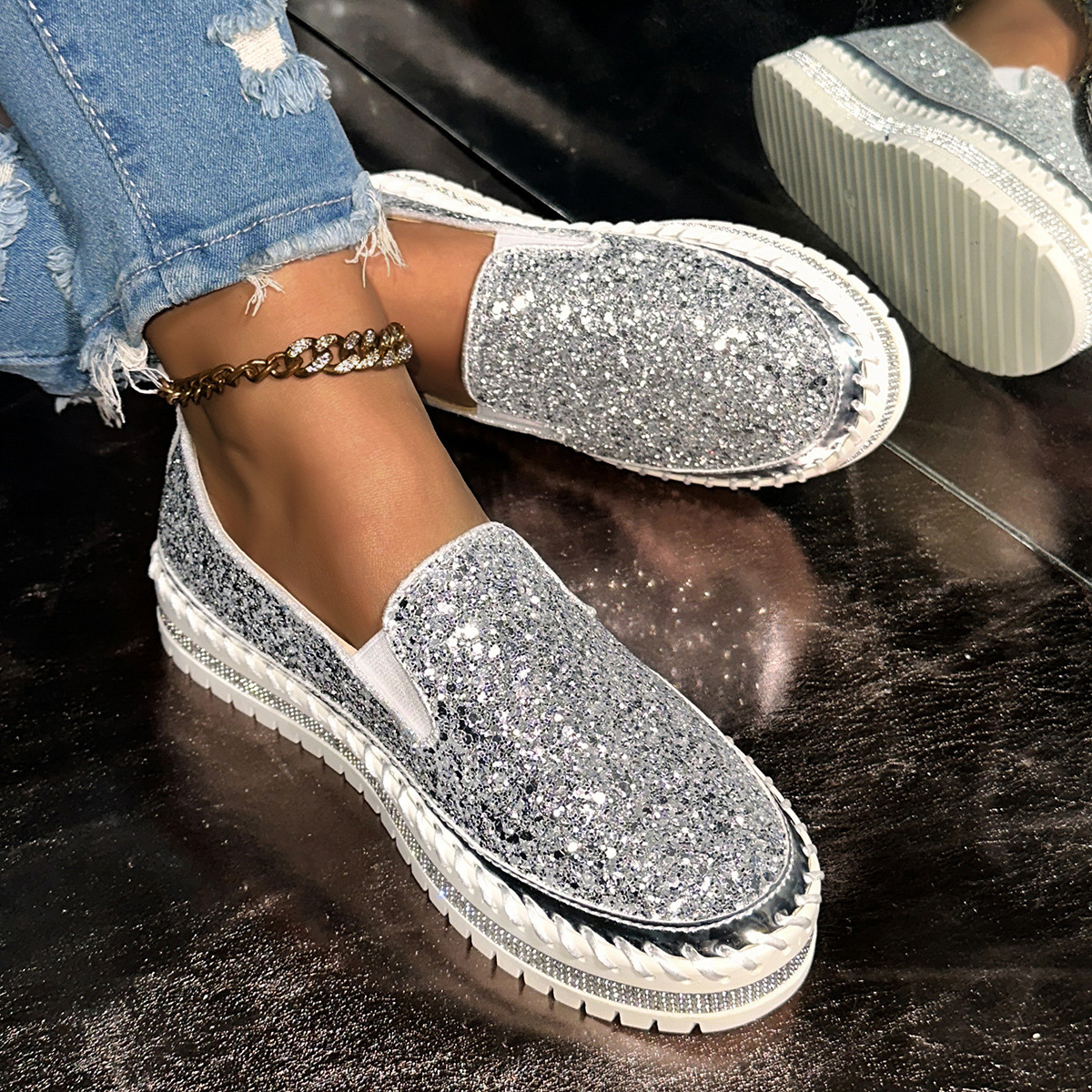 (Cross-border trading), universal casual shiny shoes with rhinestones platform, easy to put on, plus size