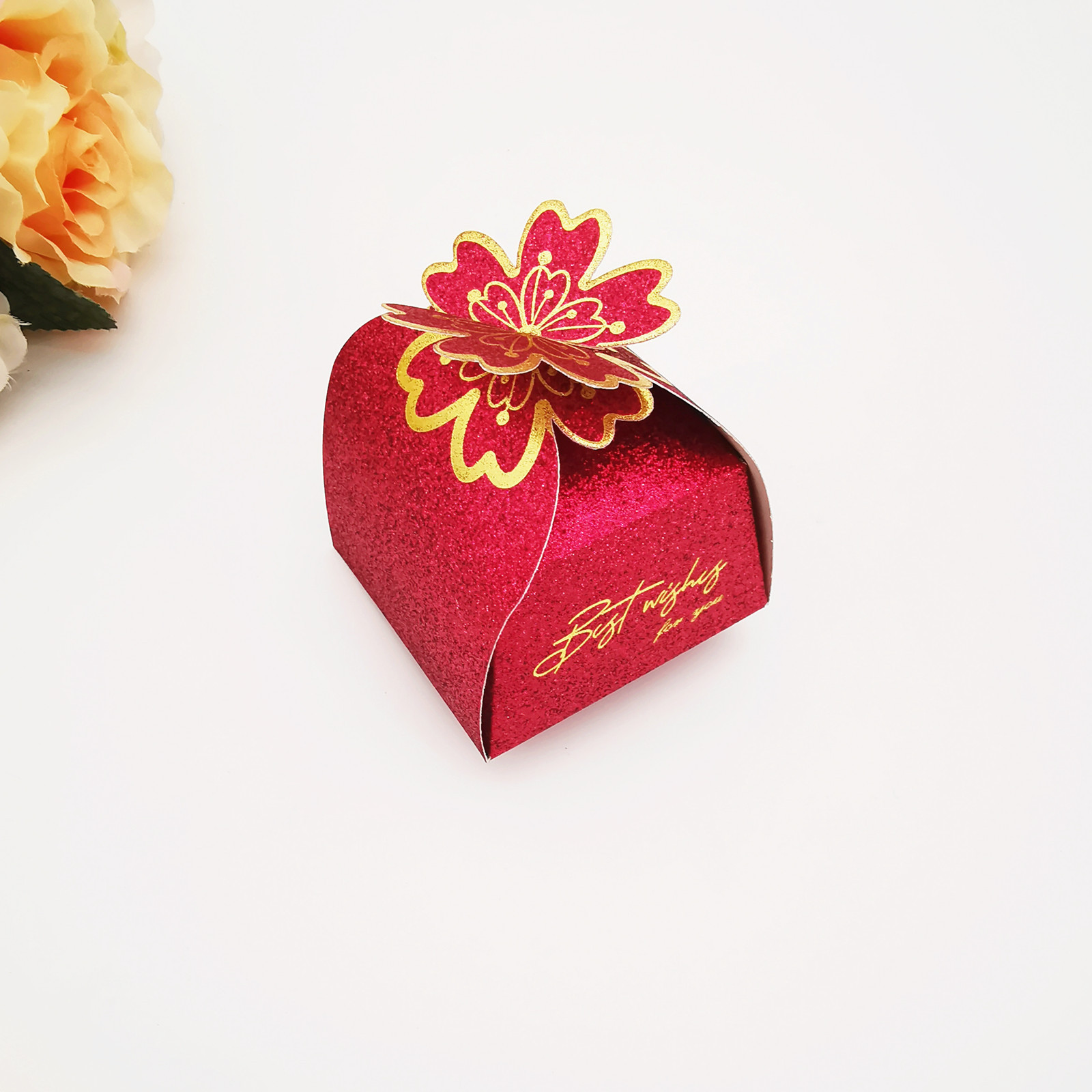 磨砂酒紅喜糖盒婚禮伴手禮內盒結婚桌糖包裝盒子花瓣燙金紙盒促銷