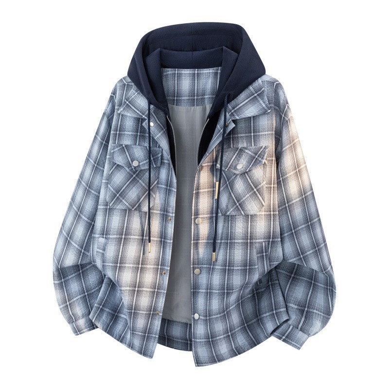 Wholesale men's loose-fit, oversized, windproof, two-piece style hooded jacket with bubble gauze plaid pattern for autumn and winter