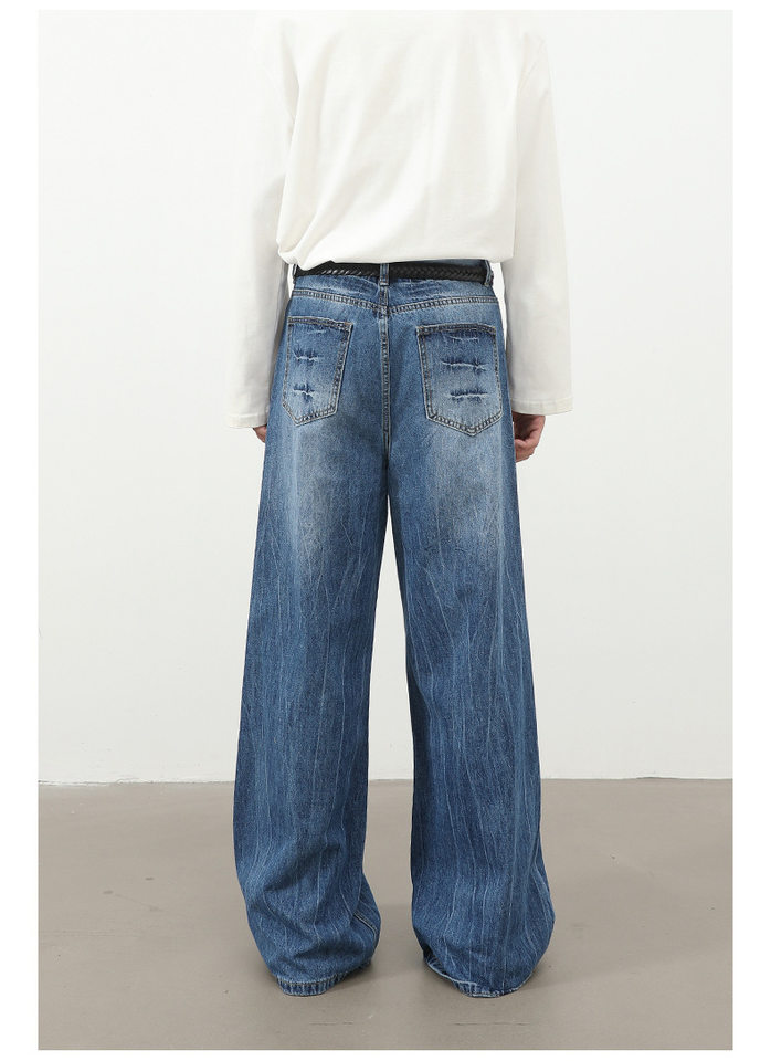 Quần jeans nam dáng rộng ống thẳng họa tiết sét chất liệu washed phong cách đường phố — màu xanh, màu xám đen chi tiết 18