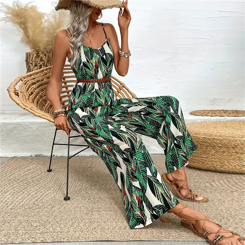 Women Clothing Printed Suspender Wide Leg Pants Draping Effect Trousers Suspender No Belt Jumpsuit Women