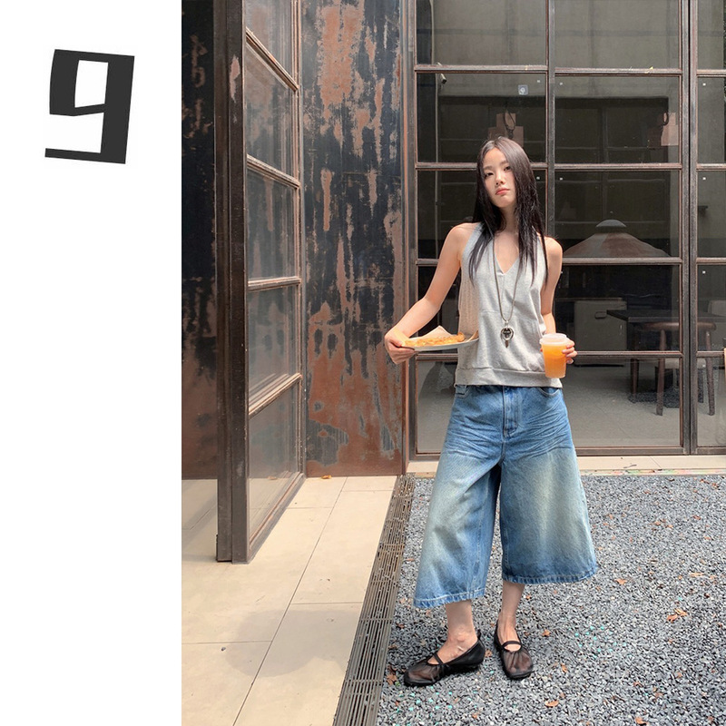 [9Hour] American Personalized Design Denim Mid-Pants for Women 2025 Summer A-Line Wide-Leg Shorts for Women Xf1260