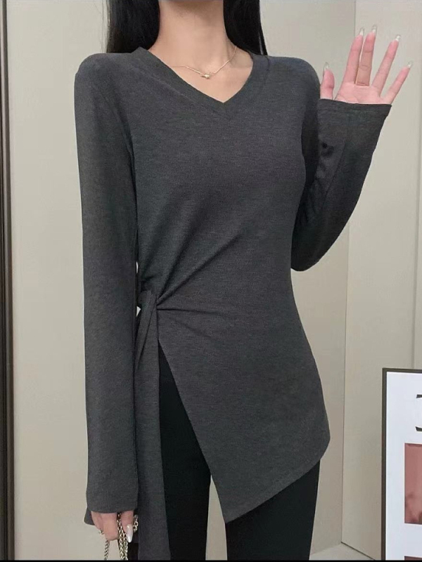 大码女装不规则开叉黑色v领长袖t恤女早秋微胖mm修身显瘦长款上衣|undefined