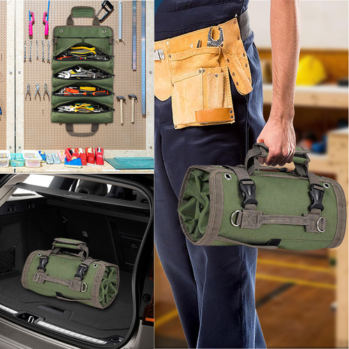 The tool kit features a retractable tool storage bag, a portable and detachable zipper bag, ideal for storing auto repair tools.