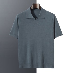 2025 spring and summer new 100 worsted cashmere POLO collar sweater short sleeve T-shirt men's solid color base shirt