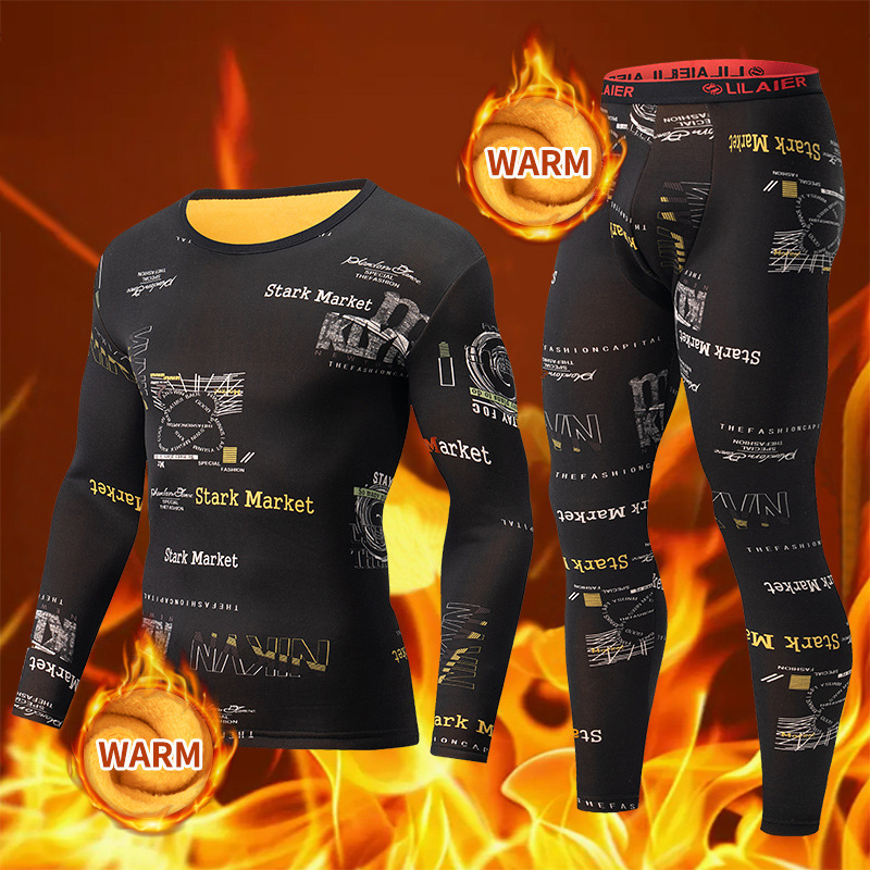 Overseas Cross-Border Platform Specializes in European and American Sizes Autumn and Winter Men's Gold Velvet Thickened Thermal Underwear Set with Fashionable Prints