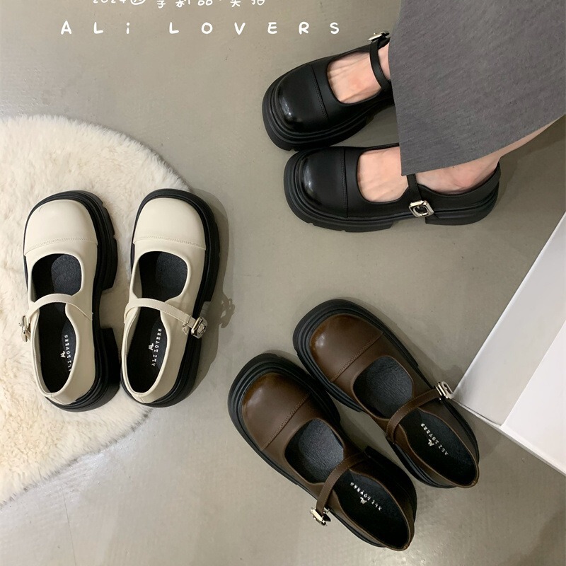 French-Style Retro Shallow Thick-Heeled Women's Shoes 2024 New Spring and Autumn Design Thick-Soled British-Style Small Leather Shoes