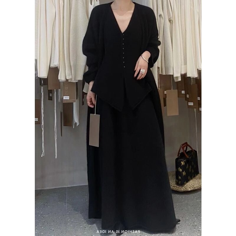 慵懒风v领针织套装女秋冬新款加厚宽松毛衣外套背心半身裙三件套|undefined