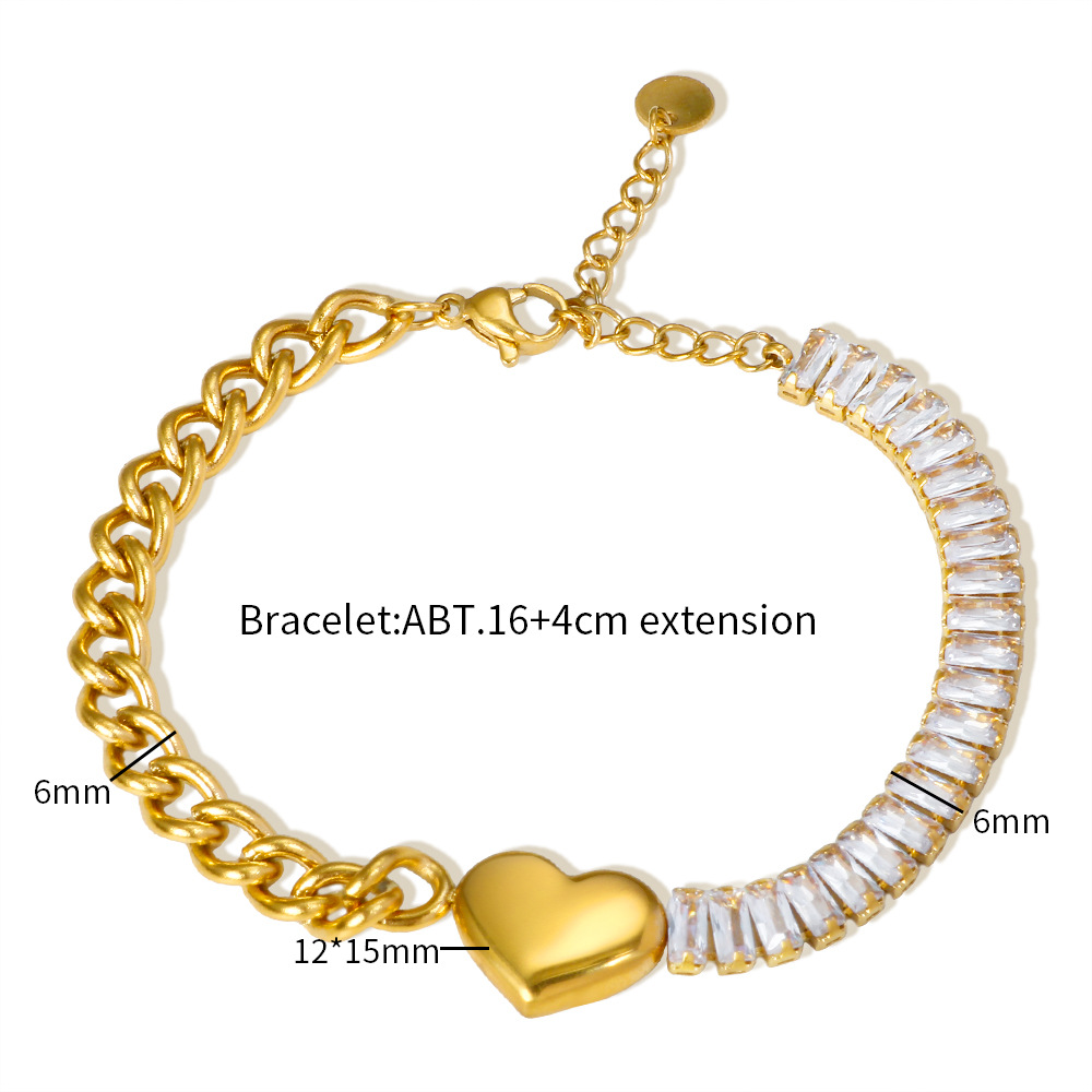 20g Weight 304 Stainless Steel Pendant Material Zircon Inlay Material Bracelets Classification Shiny Heart Shape 304 Stainless Steel Zircon Cuban Link Chain Curb Chain Bracelets In Bulk