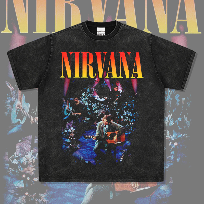 Cross-border Hip-hop Nirvana Band Printed Short-sleeved T-shirt Washed Cotton Heavy-weight Loose Vintage Round Collar Trendy T