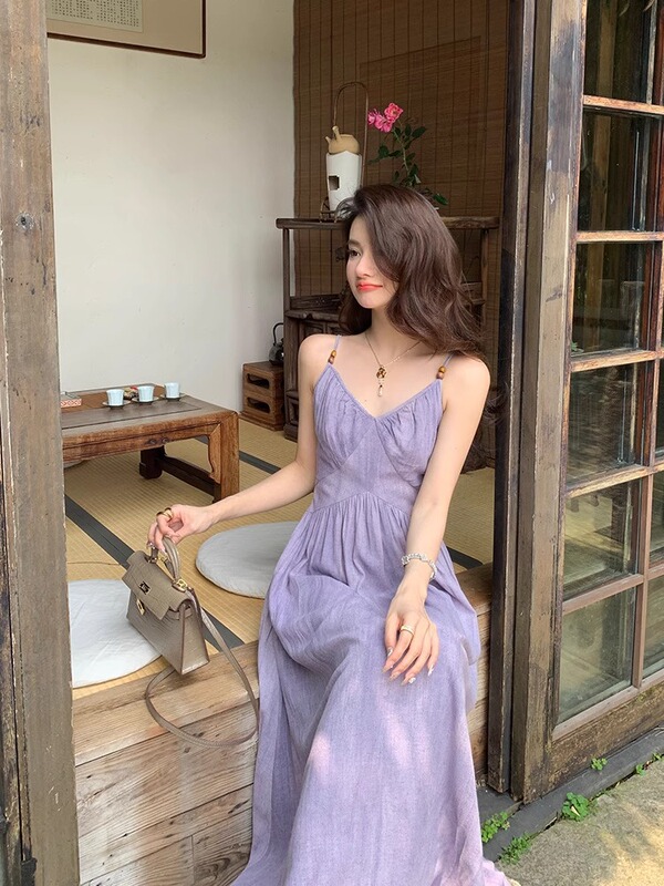 Dopamine Beautiful Purple Strap Dress for Women Summer 520 Date Island Vacation Waist-Cinching Beach Dress