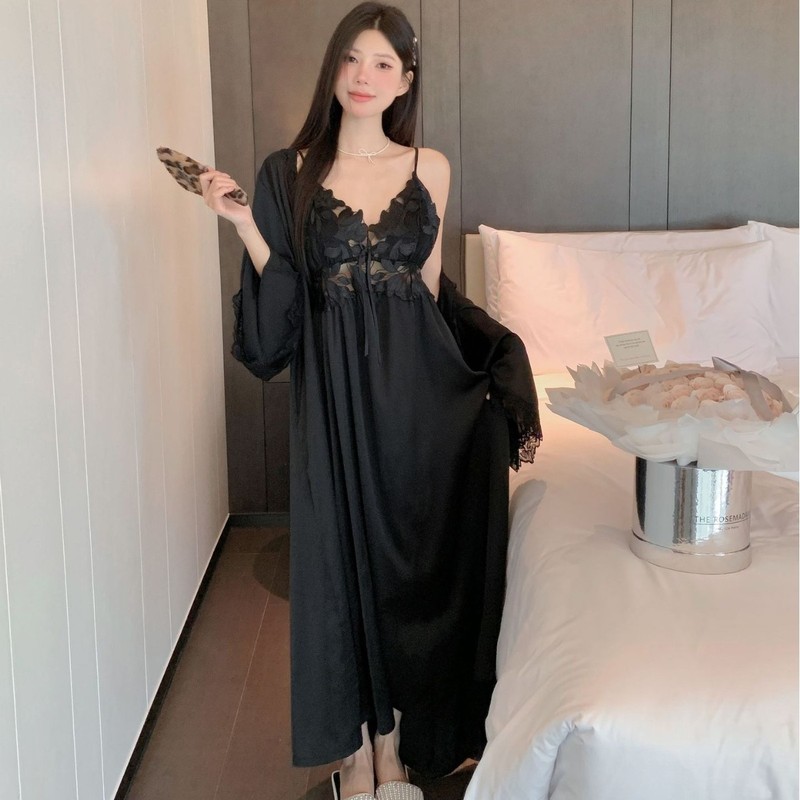 法式浪漫吊带睡裙超长女带胸垫宫廷风睡袍丝质两件套高级感睡衣|undefined