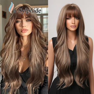 28'Temu Hot Sale Long Curly Hair Wig Women Tik Tok Qi Bangs Brown Gold Purple High Temperature Wire Wig