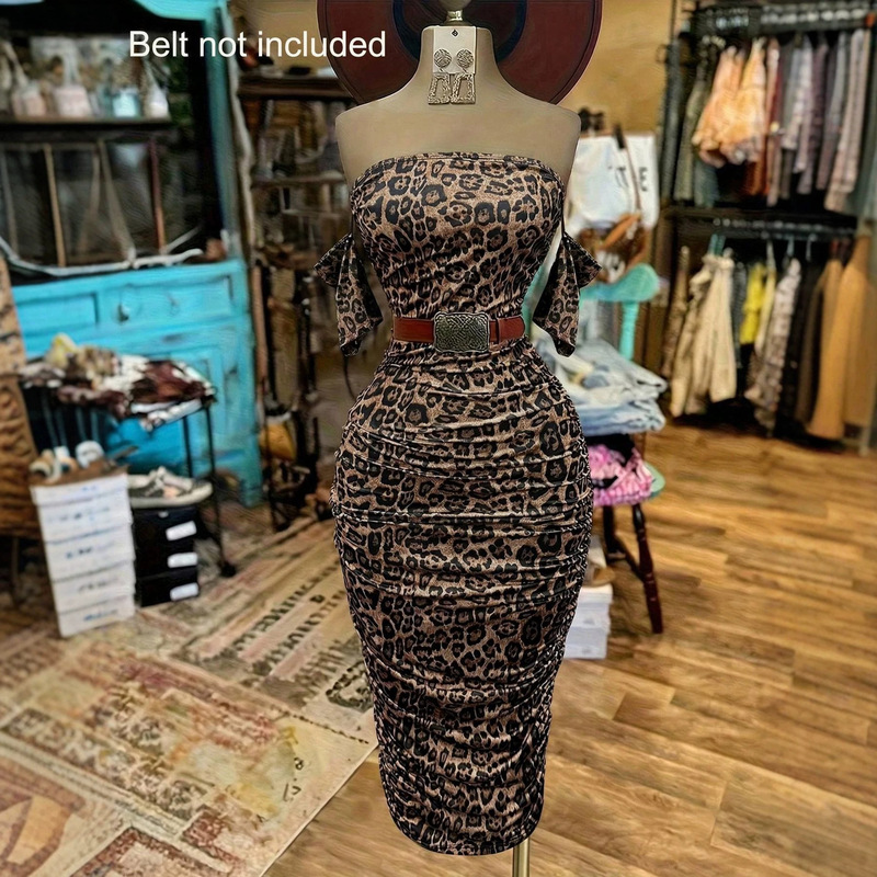 Cross-Border Amazon European and American Spring/Summer New Arrivals: Stylish Leopard Print Slim-Fit Strapless Ruched Mid-Length Dress