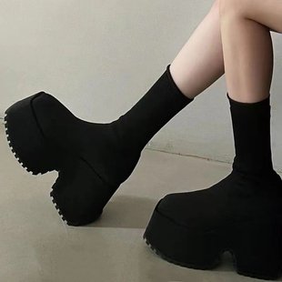 Cross-border foreign trade plus size 2023 New thick heel knitted stretch boots women's high heel two-way stretch wool cotton boots size 42
