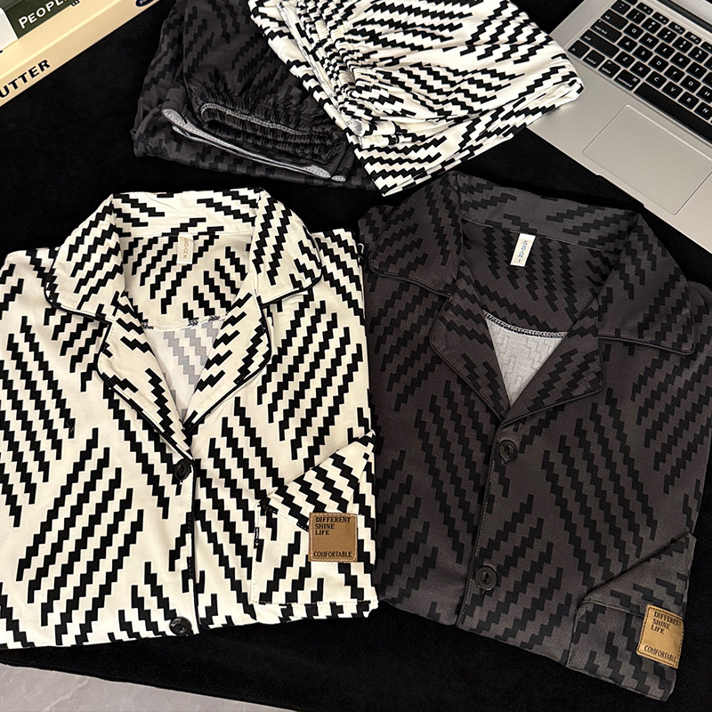 Pajamas for Men, Large Size 100kg Long-Sleeved Pants Two-Piece Suit, Simple Geometric Lines, Women's Couple Home Clothes